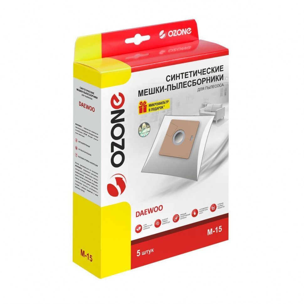 Мешки-пылесборники для пылесосов Daewoo синтетические, 5 шт + микрофильтр, Ozone, M-15NZ Мешки-пылесборники для пылесосов Daewoo синтетические, 5 шт + микрофильтр, Ozone, M-15NZ